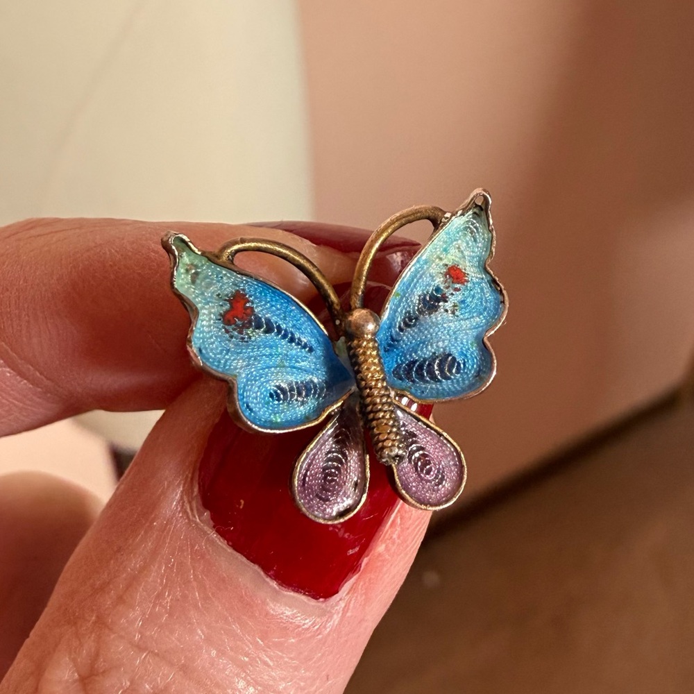 Antique 800 silver deco Filagree blue plique-a-jour Enamel tiny Butterfly brooch - Picture 4 of 17